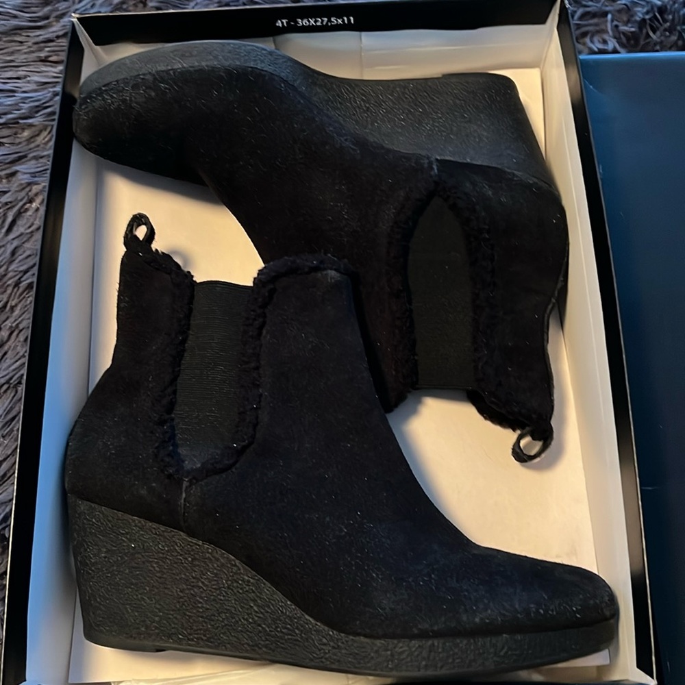 Talbots short black real suede leather booties, wedge size 11